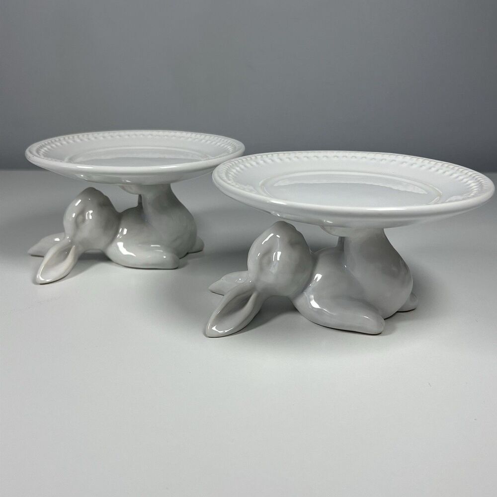 Pottery Barn Easter Bunny Dessert Cupcake Stand White Glazed Stoneware Set